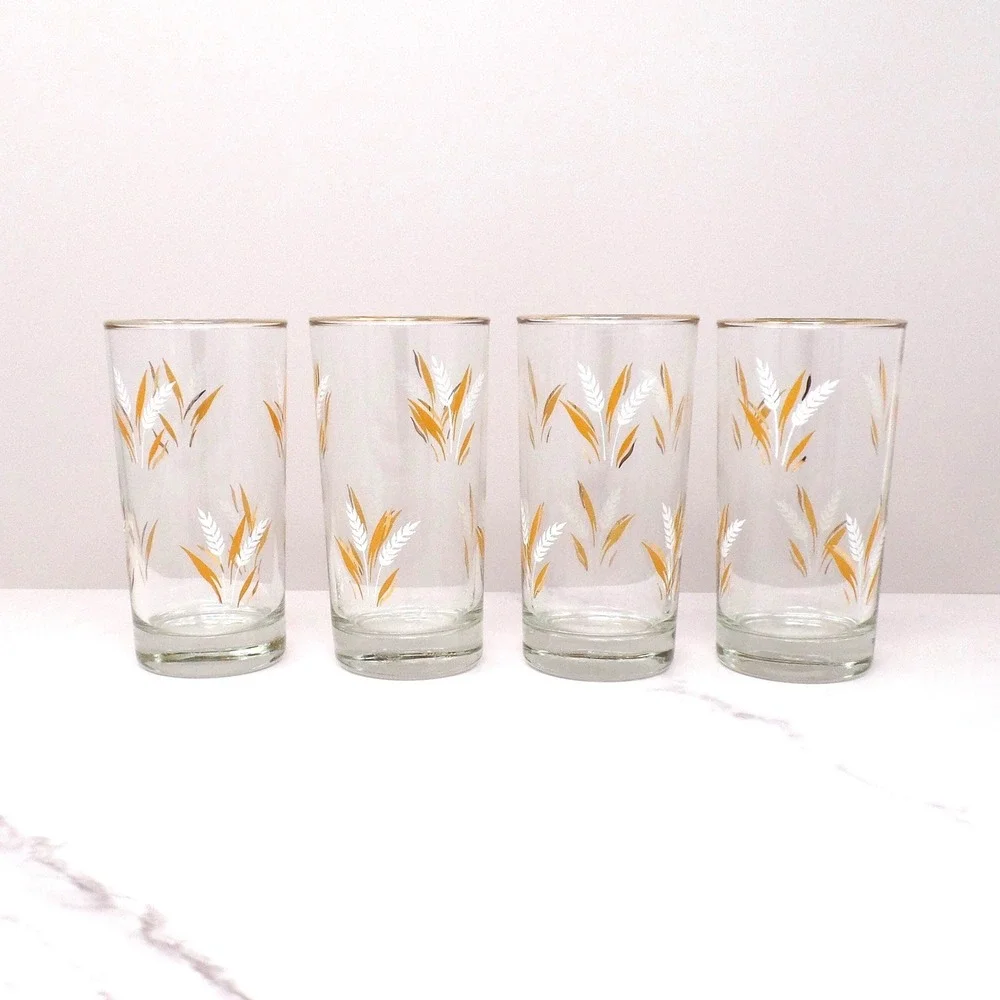 Vintage Libbey Wheat Spray 12 oz Gold-rimmed Highball Glasses - set of 4 (1960s)